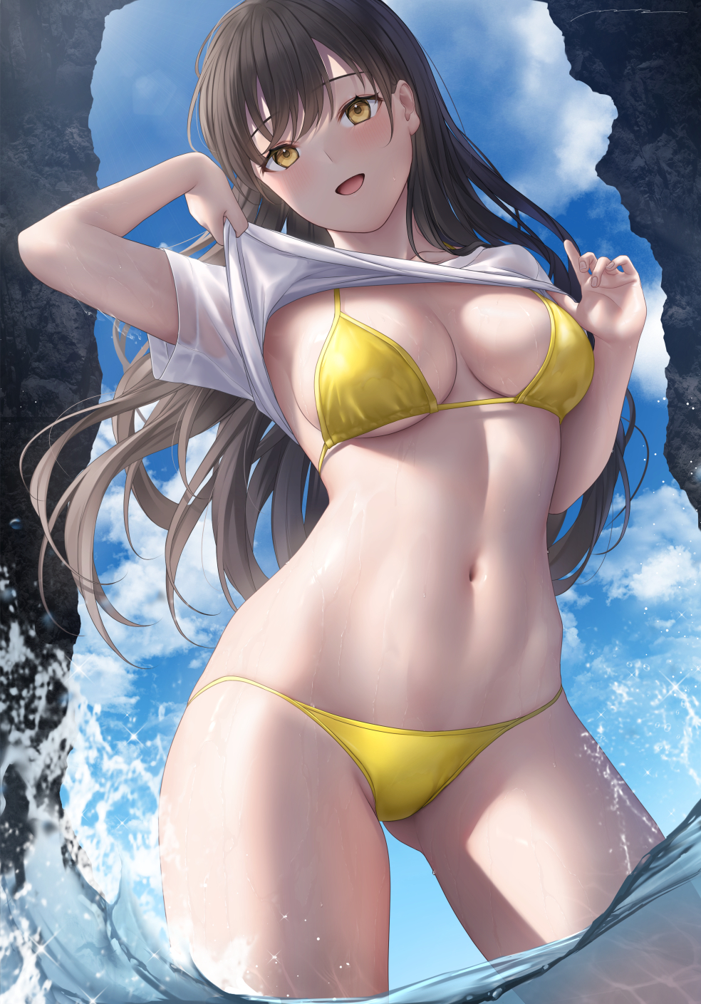 1girl :d bangs bikini blue_sky breasts brown_hair clothes_lift cowboy_shot day floating_hair highres large_breasts lifted_by_self long_hair looking_at_viewer mhru navel original outdoors shirt shirt_lift short_sleeves sky smile solo standing stomach string_bikini swimsuit wading water white_shirt yellow_bikini yellow_eyes