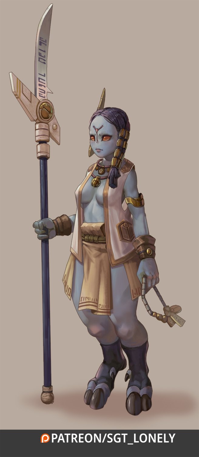1girl alien armlet asymmetrical_hair beads black_legwear blue_skin breasts colored_skin digitigrade english_commentary fewer_digits forehead glaive hair_tubes headgear highres holding holding_polearm holding_weapon hooves jewelry lips medium_breasts medium_hair necklace no_bra no_nose orange_eyes pelvic_curtain polearm prayer_beads purple_hair sgt_lonely solid_eyes solo tau thick_thighs thighs toeless_legwear vest warhammer_40k weapon white_vest