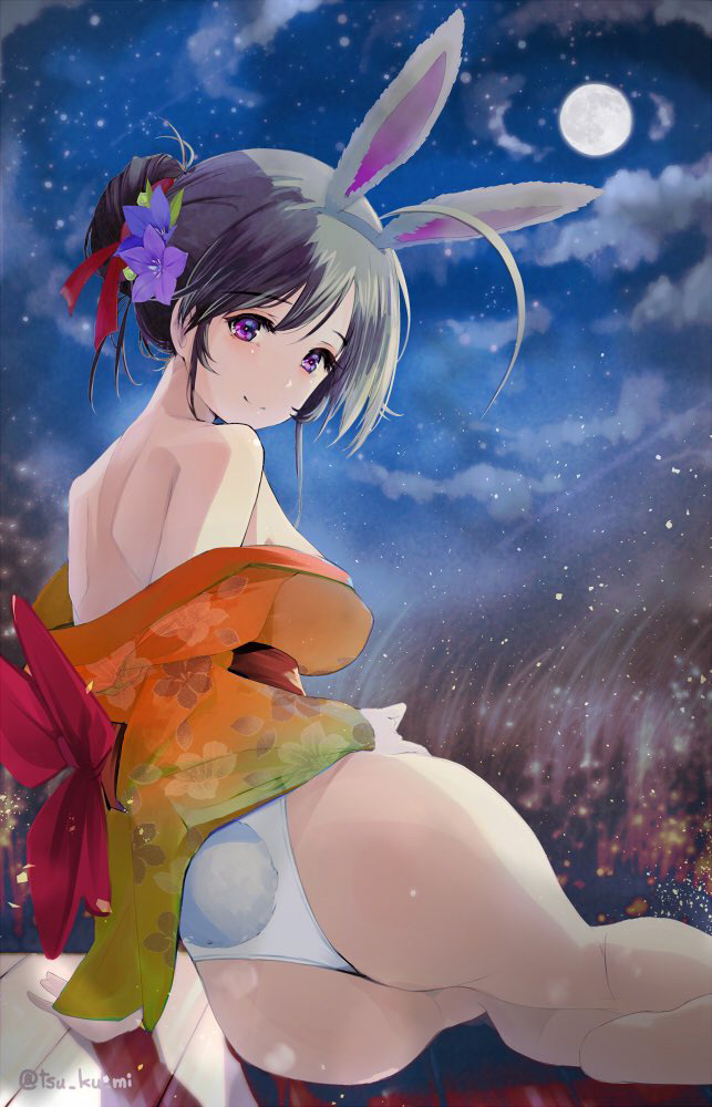 1girl animal_ears ass back bangs bare_legs bare_shoulders barefoot black_hair braid breasts clothes_down clouds flower girls_und_panzer hair_flower hair_ornament isuzu_hana japanese_clothes kemonomimi_mode kimono large_breasts long_hair looking_at_viewer looking_back moon night obi orange_kimono rabbit_ears rabbit_tail sash sitting solo tail violet_eyes yurikuta_tsukumi