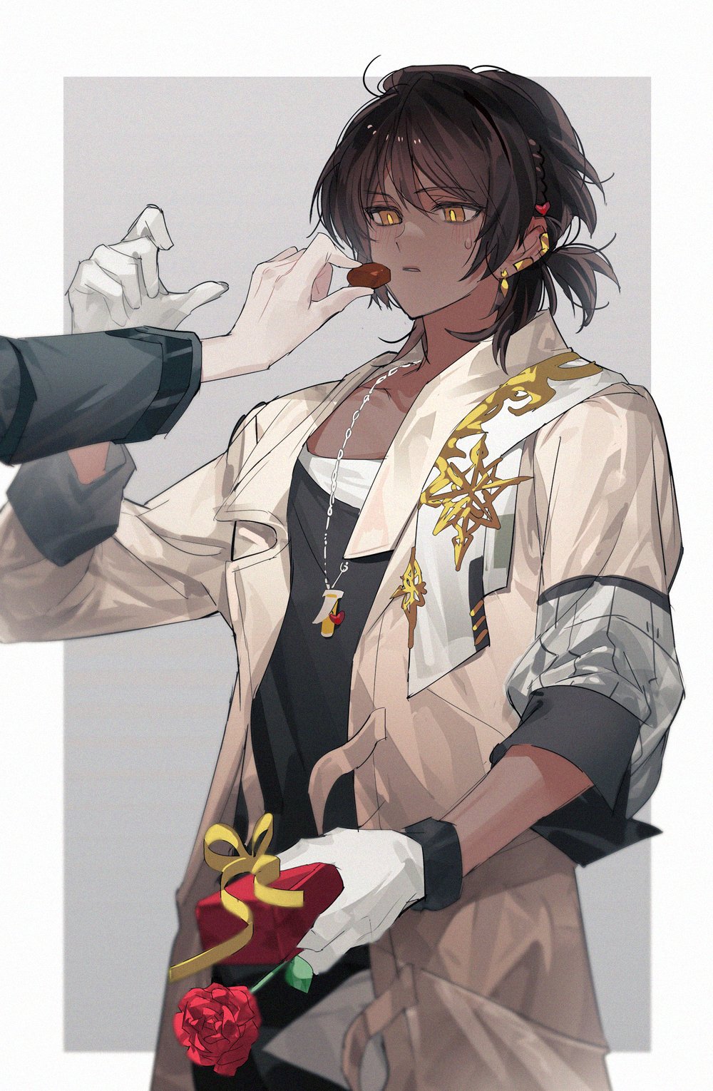 1boy 1other arknights bishounen black_shirt chocolate cowboy_shot dark-skinned_male dark_skin doctor_(arknights) ear_piercing eyebrows_visible_through_hair feeding flower gift gloves highres jewelry male_focus necklace pienahenggou piercing ponytail ribbon rose shirt solo_focus thorns_(arknights) valentine white_gloves yellow_eyes yellow_ribbon