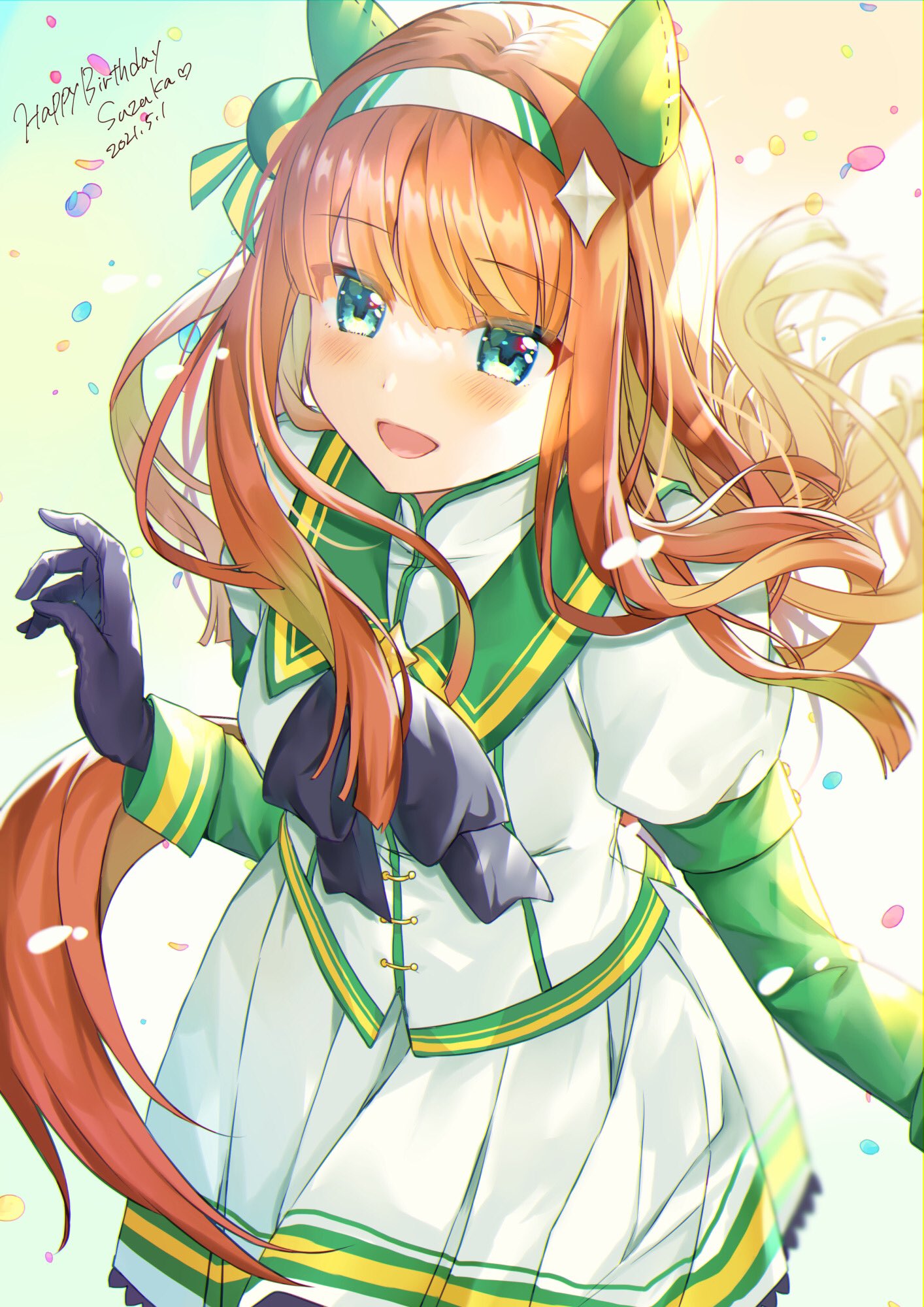 1girl animal_ears black_bow black_bowtie black_gloves blue_eyes bow bowtie collar collared_jacket ear_cover eyebrows_visible_through_hair gloves green_collar hair_ornament hairband highres horse_ears horse_girl horse_tail jacket layered_sleeves long_hair long_sleeves looking_at_viewer open_mouth orange_hair pleated_skirt puffy_short_sleeves puffy_sleeves short_over_long_sleeves short_sleeves silence_suzuka_(umamusume) simple_background skirt smile solo star_(symbol) star_hair_ornament tail umamusume upper_body white_jacket white_skirt yam_(yamap_mako)