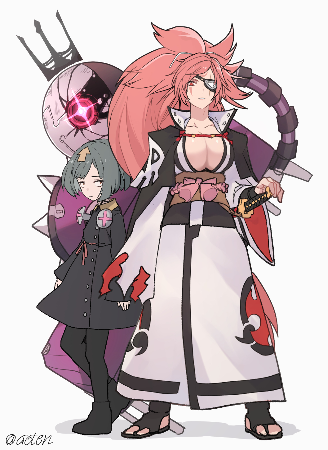 2girls aoten_(aoiroarekore) baiken black_footwear brown_eyes closed_mouth collarbone crack crown delilah_(guilty_gear) diffraction_spikes eyepatch facial_mark glowing glowing_eye green_hair grey_background guilty_gear guilty_gear_strive hand_on_hilt highres katana long_hair multiple_girls parted_lips ponytail red_eyes red_ribbon ribbon scabbard scar scar_across_eye scar_on_face screw sheath sheathed short_hair simple_background sleeves_past_wrists spikes standing sword toeless_footwear torn torn_clothes twitter_username weapon