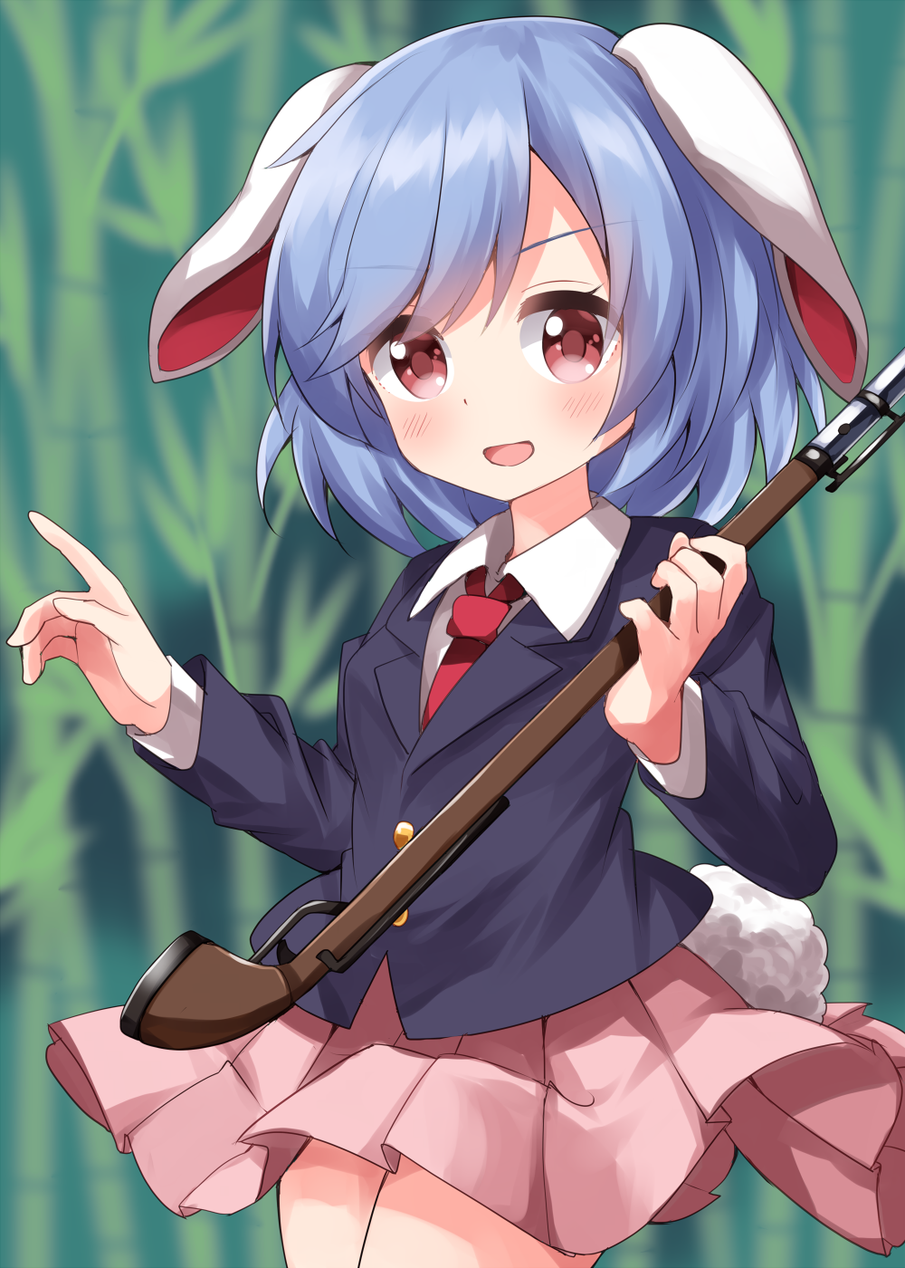 1girl animal_ears bamboo bamboo_forest bangs blue_hair blue_jacket blurry blurry_background blush breasts brown_eyes buttons collared_jacket collared_shirt eyebrows_visible_through_hair eyes_visible_through_hair forest gun hair_between_eyes hands_up highres jacket leaf long_sleeves looking_at_viewer medium_breasts miniskirt nature necktie one-hour_drawing_challenge open_mouth pink_skirt pointing rabbit_ears rabbit_tail red_necktie reisen_(touhou_bougetsushou) ruu_(tksymkw) shirt short_hair skirt smile solo standing tail tongue touhou weapon white_shirt