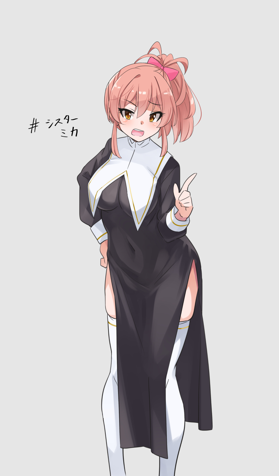 1girl :o alternate_costume black_dress breast_curtains breasts covered_navel dress feet_out_of_frame hand_on_hip highres idolmaster idolmaster_cinderella_girls jougasaki_mika large_breasts looking_at_viewer mismatched_eyebrows nun pelvic_curtain pink_hair pointing round_teeth side_ponytail side_slit simple_background skin_tight solo teeth thigh-highs white_legwear yuuichi_(reductionblack)