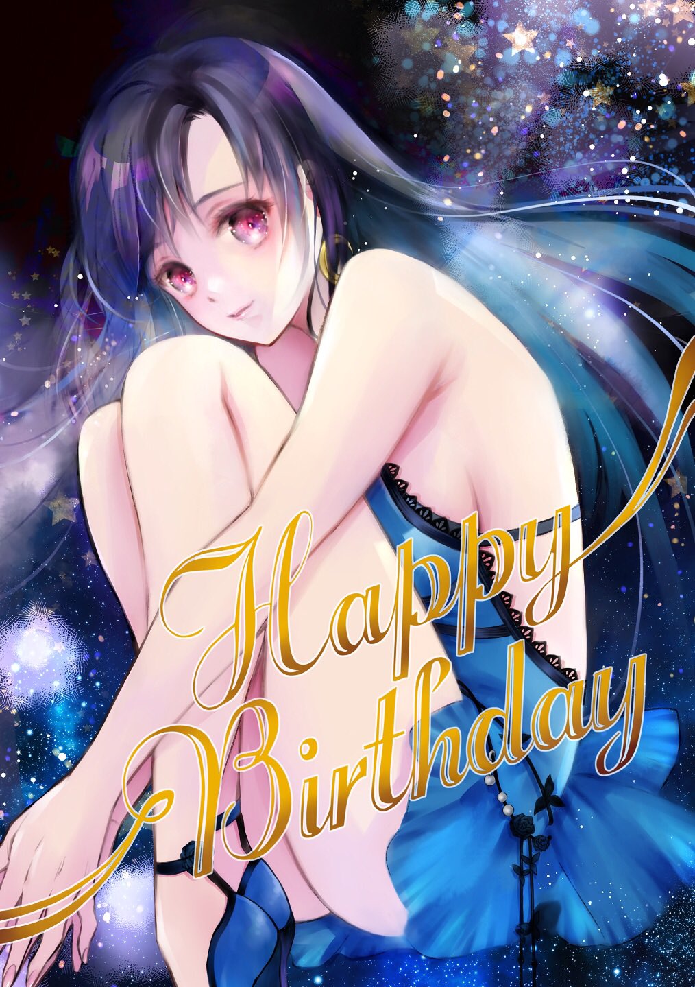 1girl backless_dress backless_outfit bare_shoulders black_hair blue_dress breasts dress earrings final_fantasy final_fantasy_vii final_fantasy_vii_remake happy_birthday high_heels highres jewelry large_breasts legs long_hair quichi_91 red_eyes sideboob sleeveless sleeveless_dress solo starry_background tifa_lockhart tifa_lockhart's_refined_dress
