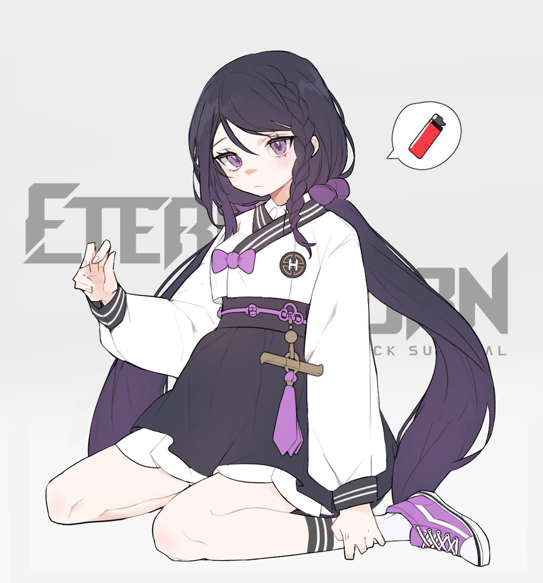 1girl ban_mumani black_hair black_skirt black_survival bow braid eternal_return:_black_survival hair_behind_ear hyejin_(black_survival) korean_clothes korean_commentary lighter low_twintails purple_bow purple_footwear shoes side_braid sitting skirt sneakers solo speech_bubble twintails violet_eyes wariza