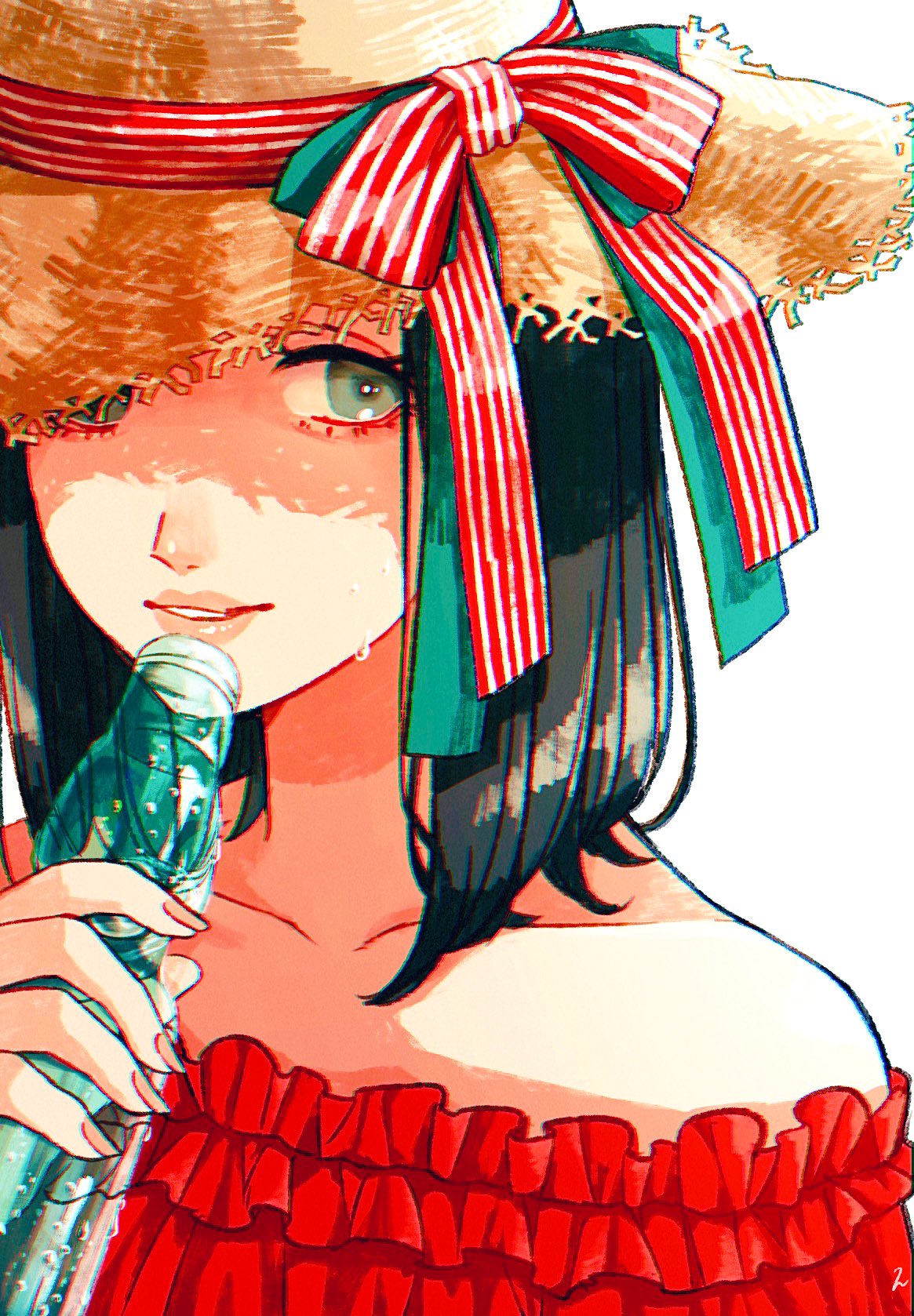 1girl black_hair bob_cut bottle fingernails green_eyes hat hat_ribbon highres holding holding_bottle looking_at_viewer medium_hair nail_polish off-shoulder_shirt off_shoulder original parted_lips pink_nails red_ribbon red_shirt ribbon shirt simple_background smile solo straw_hat striped striped_ribbon sweat tsunko_(9v2_q) upper_body water_bottle white_background