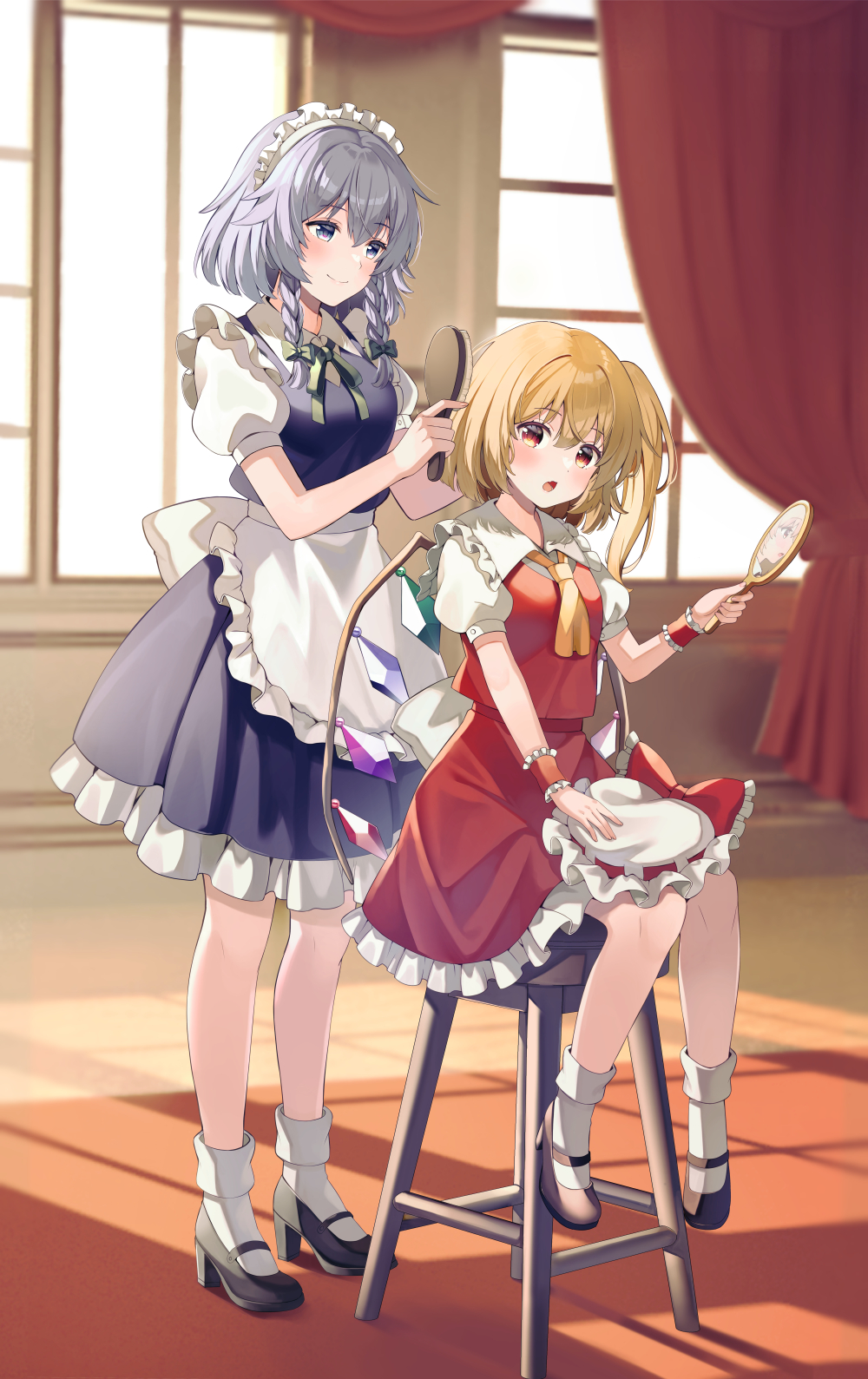 2girls apron bangs banned_artist black_footwear blonde_hair blue_dress blue_eyes blurry blurry_background blush bobby_socks bow braid closed_mouth collared_dress commentary_request curtains day depth_of_field dress eyebrows_visible_through_hair flandre_scarlet frilled_apron frilled_dress frilled_shirt_collar frilled_skirt frills green_bow grey_hair hair_between_eyes hair_bow hair_brush hair_brushing hand_mirror hat hat_removed headwear_removed highres holding holding_brush holding_mirror indoors izayoi_sakuya long_hair maid maid_headdress mirror mob_cap multiple_girls one_side_up open_mouth pleated_dress puffy_short_sleeves puffy_sleeves red_eyes red_skirt red_vest shirt shoes short_sleeves sitting skirt skirt_set sleeveless sleeveless_dress smile socks standing stool sunlight touhou twin_braids vest white_apron white_headwear white_legwear white_shirt window wrist_cuffs yuuka_nonoko