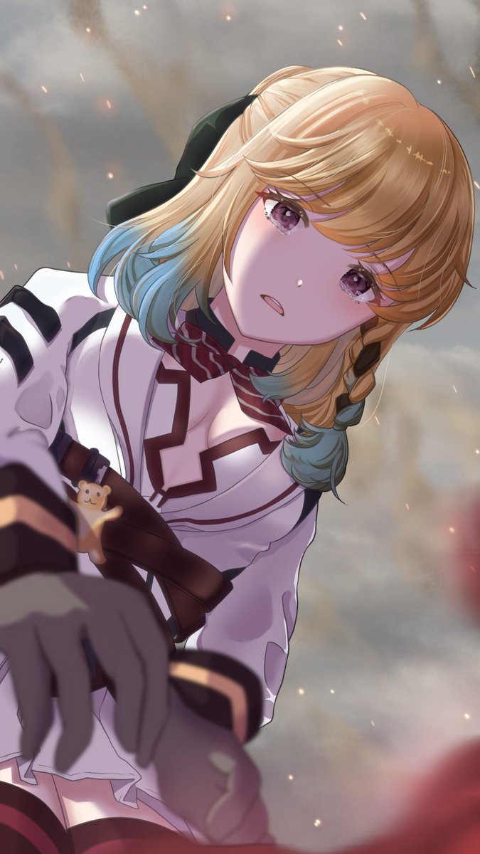 1girl bangs belt blonde_hair blue_hair blurry bow bowtie braid breasts breasts_apart brown_belt center_opening commentary_request counter:side depth_of_field dot_nose embers eyebrows_visible_through_hair foreshortening from_below gloves gradient_hair highres jacket leaning_forward light_blush long_sleeves looking_at_viewer looking_down lyudmila_(counter:side) medium_hair miniskirt multicolored_hair open_mouth pleated_skirt reaching_out ribbon_braid shade skirt sleeve_cuffs smoke solo tearing_up thigh-highs violet_eyes white_jacket white_skirt yokoshimahama zettai_ryouiki