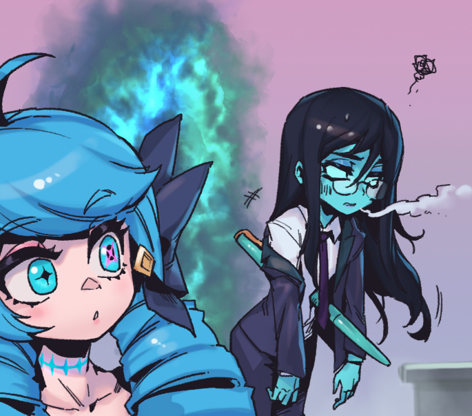 2girls :o ahoge alternate_costume bangs bespectacled black_bow black_jacket black_pants bow collarbone colored_skin drill_hair eyebrows_visible_through_hair glasses green_hair green_skin grey_shirt gwen_(league_of_legends) hair_bow holding jacket kalista league_of_legends long_hair multiple_girls off_shoulder pants phantom_ix_row pink_background shiny shiny_hair shirt smoke squiggle symbol-shaped_pupils twin_drills twintails x-shaped_pupils