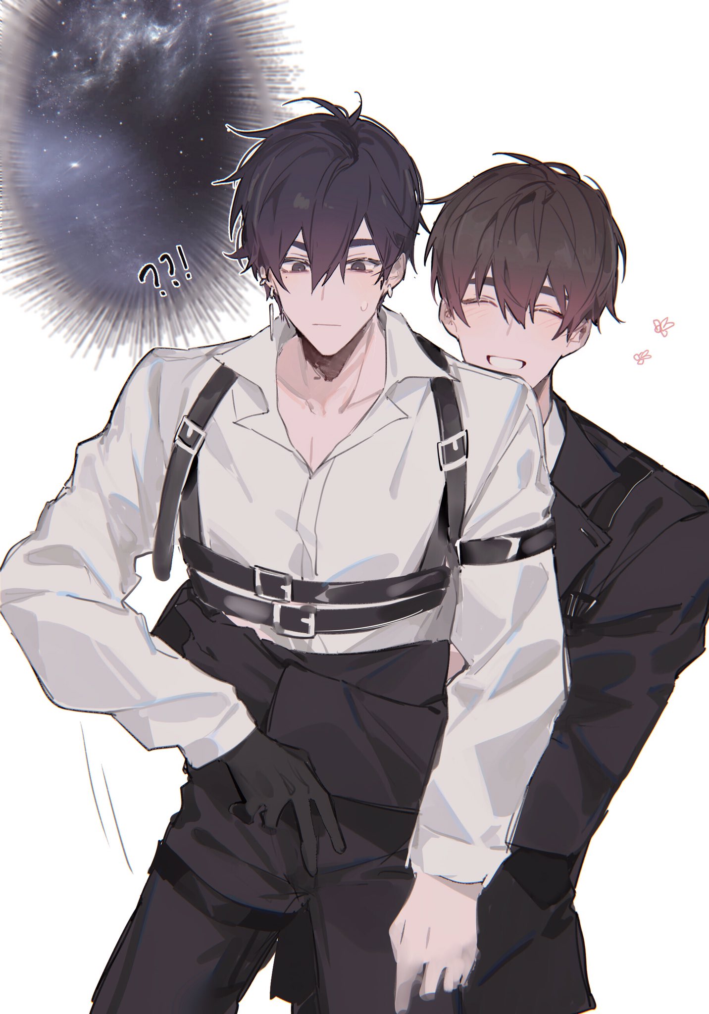 !? 2boys bangs black_gloves black_hair black_jacket brown_hair buried_stars chest_harness chinese_commentary closed_eyes closed_mouth collared_shirt commentary_request ear_piercing earrings gloves grin hair_between_eyes han_do-yoon harness highres jacket jewelry lee_gyu-hyuk lifting_person long_sleeves male_focus multiple_boys piercing shirt short_hair simple_background single_glove smile standing white_background white_shirt yusa_(yusa0751)