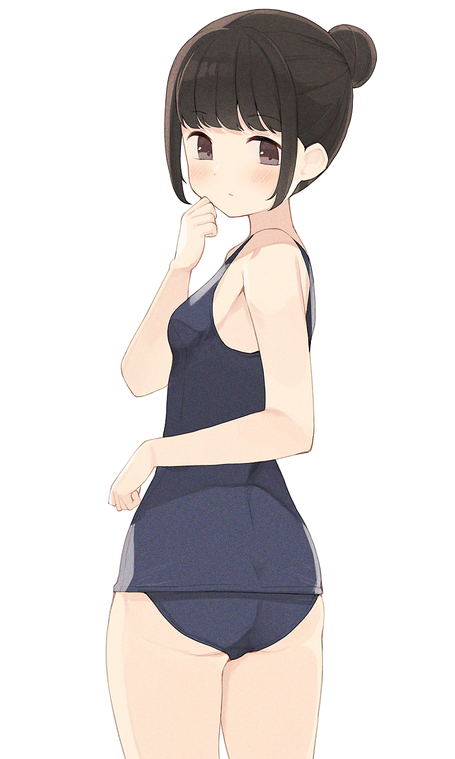 1girl ass bangs black_eyes black_hair blue_swimsuit breasts clenched_hands closed_mouth expressionless eyebrows_visible_through_hair from_behind hair_bun hand_up highres hiroki_(yyqw7151) light_blush looking_at_viewer looking_back original school_swimsuit small_breasts swimsuit thigh_gap thighs white_background
