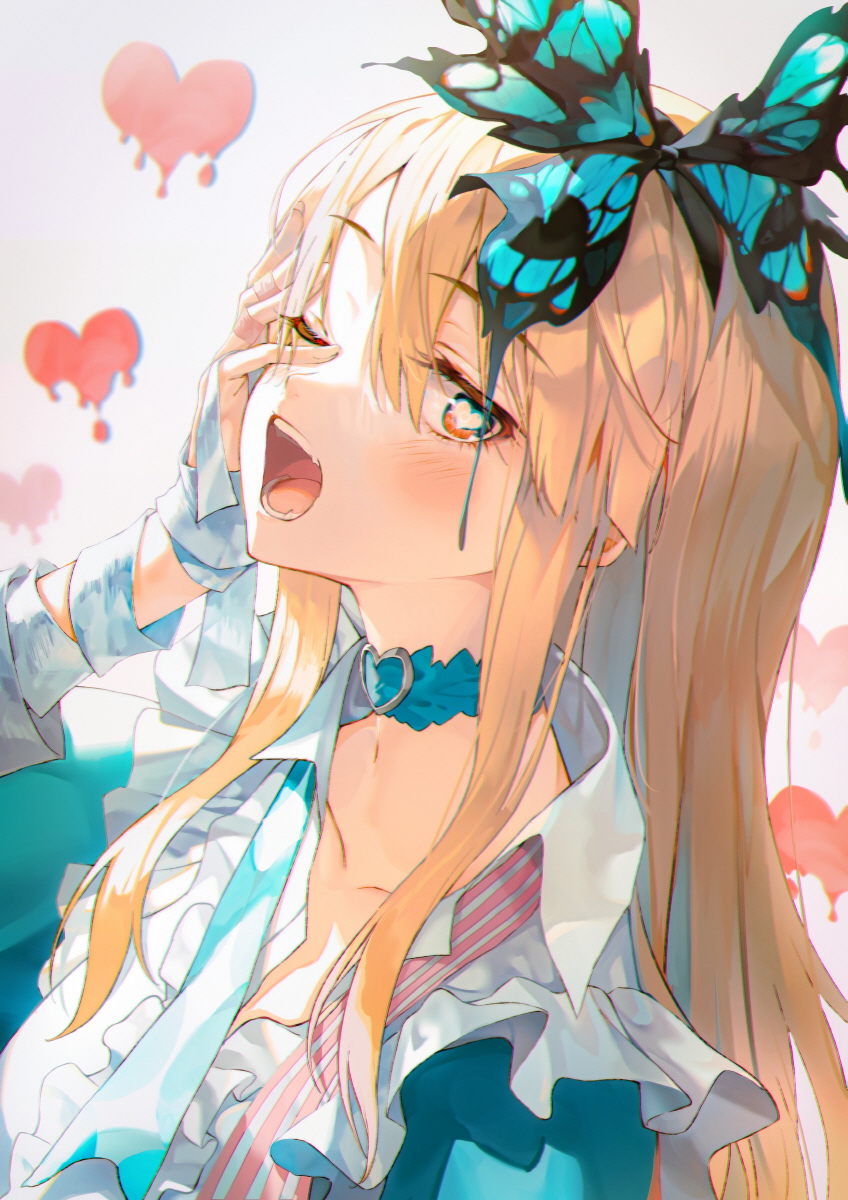 1girl alice_(grimlight) apron bandaid bandaid_on_hand bangs blonde_hair blue_choker blush bug butterfly choker collarbone frilled_apron frills green_butterfly grimlight highres huwari_(dnwls3010) long_hair looking_at_viewer one_eye_closed open_mouth orange_eyes parted_bangs solo