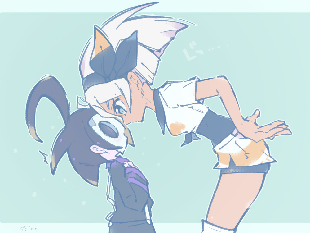 1boy 1girl ahoge allister_(pokemon) bangs bea_(pokemon) black_bodysuit black_hair black_hairband black_shirt bodysuit bodysuit_under_clothes bow_hairband collared_shirt commentary_request eye_contact from_side green_background grey_eyes hairband hand_on_hip height_difference knee_pads long_sleeves looking_at_another mask pokemon pokemon_(game) pokemon_swsh print_shirt print_shorts shiro_(46isou) shirt short_hair short_sleeves shorts side_slit side_slit_shorts signature suspender_shorts suspenders