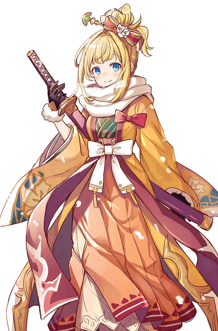 1girl bangs black_gloves blonde_hair blue_eyes blush breath closed_mouth cold fur-trimmed_gloves fur_trim gloves granblue_fantasy hair_bun hair_ornament hairpin hakama hakama_skirt hand_up hip_vent holding holding_sword holding_weapon japanese_clothes katana kimono kingyo_114 long_hair looking_at_viewer mirin_(granblue_fantasy) nose_blush scarf simple_background skirt solo split_mouth sword weapon white_background wide_sleeves yellow_kimono