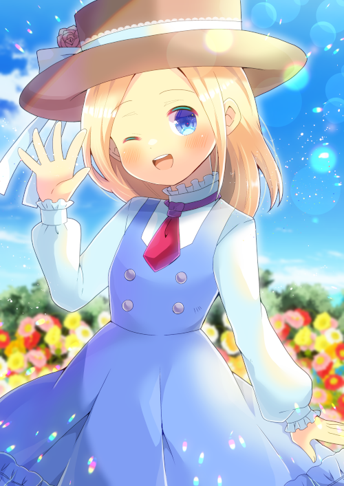1girl ;d bangs blonde_hair blue_dress blue_eyes blue_sky blush bow brown_headwear clouds commentary_request commission day dress flower forehead hand_up hat hat_bow hat_flower kou_hiyoyo long_hair long_sleeves one_eye_closed original outdoors parted_bangs pink_flower pink_rose puffy_long_sleeves puffy_sleeves red_flower rose shirt skeb_commission sky sleeveless sleeveless_dress smile solo teeth upper_teeth white_bow white_flower white_shirt yellow_flower