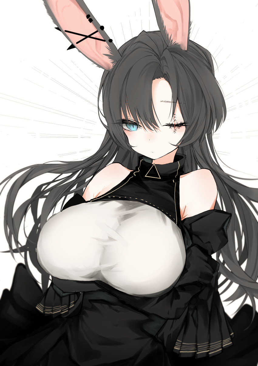 1girl animal_ears bare_shoulders black_dress blue_eyes breasts closed_mouth detached_sleeves dot_mouth dot_nose dress earrings grey_hair highres huge_breasts jewelry long_hair long_sleeves looking_at_viewer narue one-eyed one_eye_closed original rabbit_ears slit_pupils solo stitched_eye