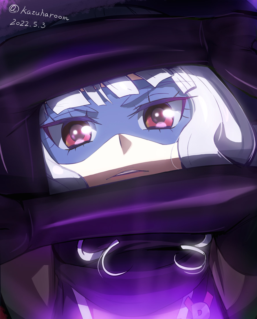 1girl bangs blunt_bangs commentary_request delicious_party_precure gentlu_(precure) gloves haruyama_kazunori lips looking_at_viewer mask precure purple_gloves red_eyes solo twitter_username upper_body white_hair