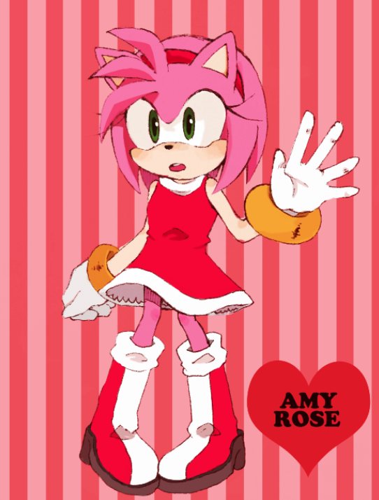 1girl amy_rose animal_ears animal_nose bangs bare_shoulders body_fur boots character_name commentary dress english_text flat_chest full_body furry furry_female gloves green_eyes hairband hand_up heart knee_boots looking_at_viewer miwa_(ahyuck) open_mouth pigeon-toed pink_fur pink_hair red_background red_dress red_footwear red_hairband short_dress short_hair sidelocks simple_background sleeveless sleeveless_dress solo sonic_(series) standing striped striped_background teeth two-tone_fur waving white_gloves