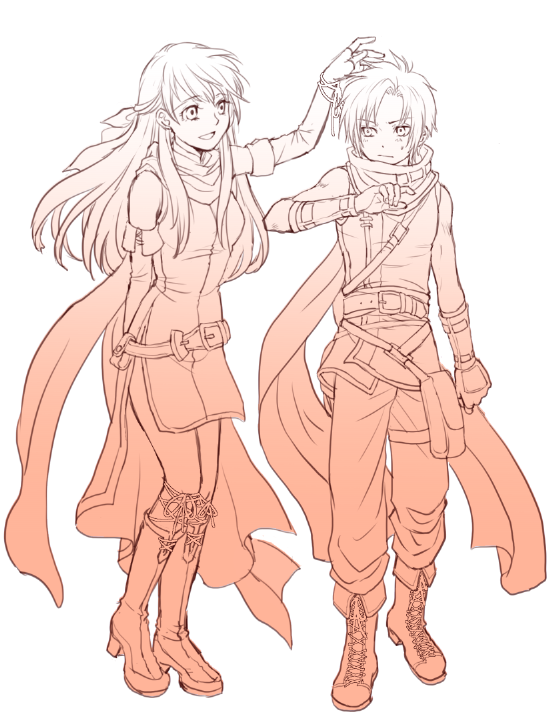1boy 1girl bag bangs bare_shoulders belt blush boots bracelet dress elbow_gloves eyebrows_visible_through_hair fingerless_gloves fire_emblem fire_emblem:_path_of_radiance fire_emblem:_radiant_dawn gloves hair_ribbon jewelry leggings long_hair looking_at_another micaiah_(fire_emblem) monochrome pants pouch ribbon scarf sepia side_slit sleeveless sleeveless_dress smile sothe_(fire_emblem) usachu_now white_background