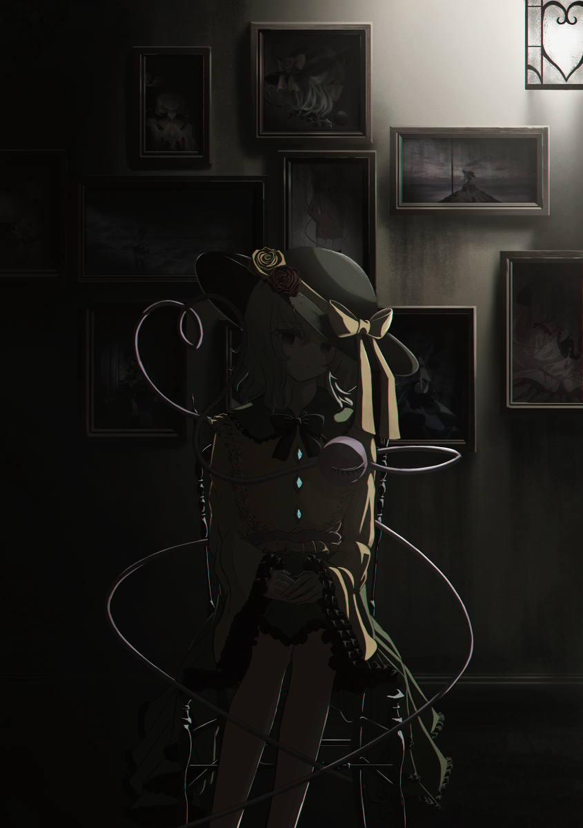 1girl bad_id bad_pixiv_id black_bow black_bowtie black_headwear blouse bow bowtie buttons ceiling_light closed_mouth commentary diamond_button empty_eyes eyebrows_visible_through_hair feet_out_of_frame flower frilled_shirt_collar frilled_skirt frilled_sleeves frills green_eyes green_hair green_skirt hat hat_bow hat_flower heart heart_of_string highres indoors komeiji_koishi light_smile long_sleeves looking_at_viewer medium_hair nke on_chair own_hands_together painting_(object) red_flower red_rose rose shirt sitting skirt solo split_mouth third_eye touhou wide_sleeves yellow_bow yellow_flower yellow_rose yellow_shirt