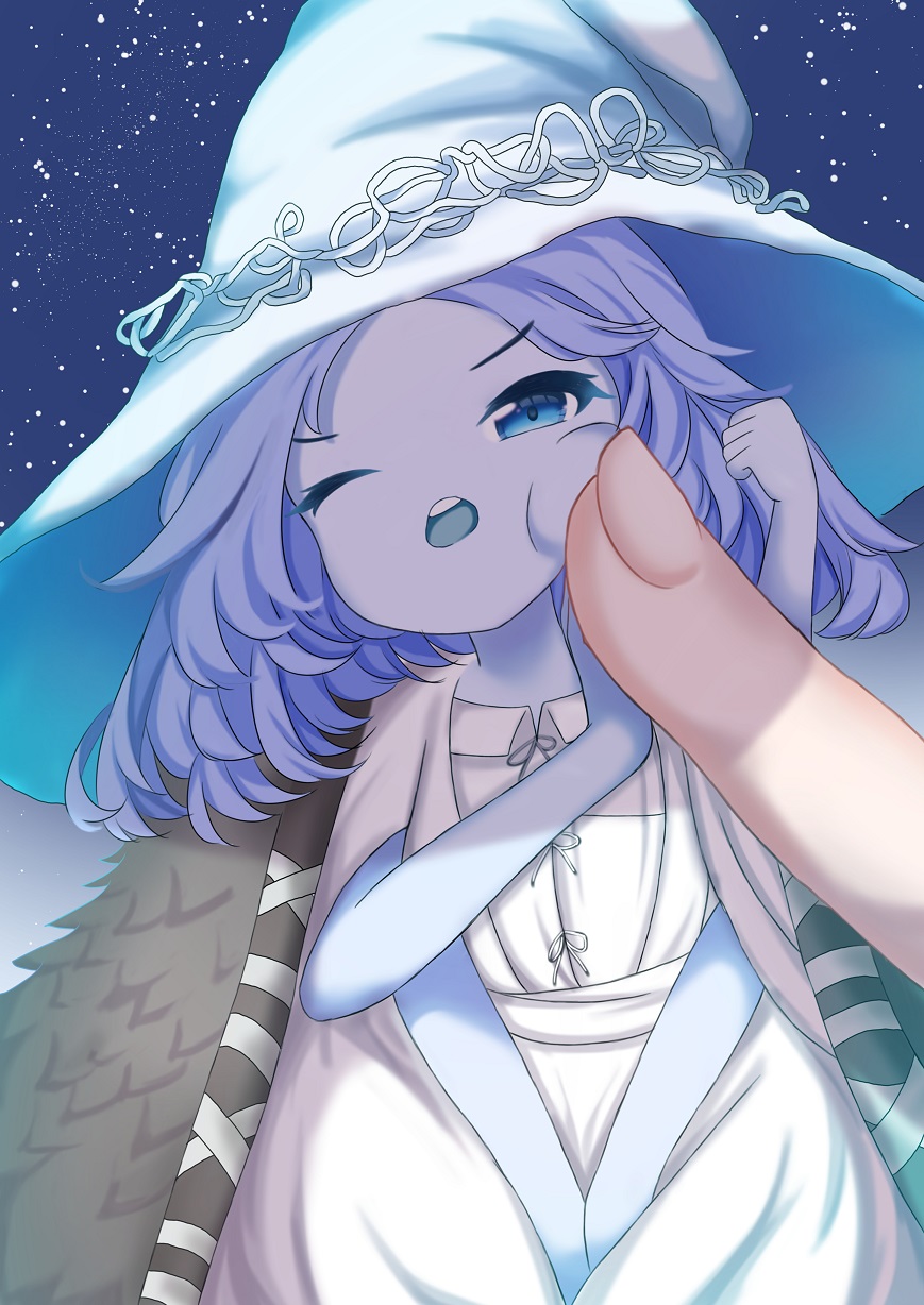 1girl angry blue_eyes blue_hair blue_skin cape cheek_poking cinerea colored_skin dress elden_ring extra_arms fur_cape hat highres miniature_ranni minigirl poking ranni_the_witch starry_background white_dress witch_hat