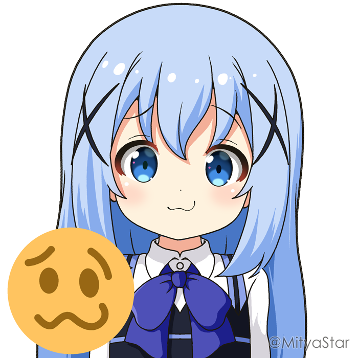 1girl bangs blue_bow blue_eyes blue_hair blue_vest bow closed_mouth collared_shirt commentary_request emoji eyebrows_visible_through_hair gochuumon_wa_usagi_desu_ka? hair_between_eyes hair_ornament imitating kafuu_chino long_hair looking_at_viewer mitya rabbit_house_uniform shirt simple_background solo twitter_username uniform upper_body vest waitress wavy_mouth white_background white_shirt x_hair_ornament