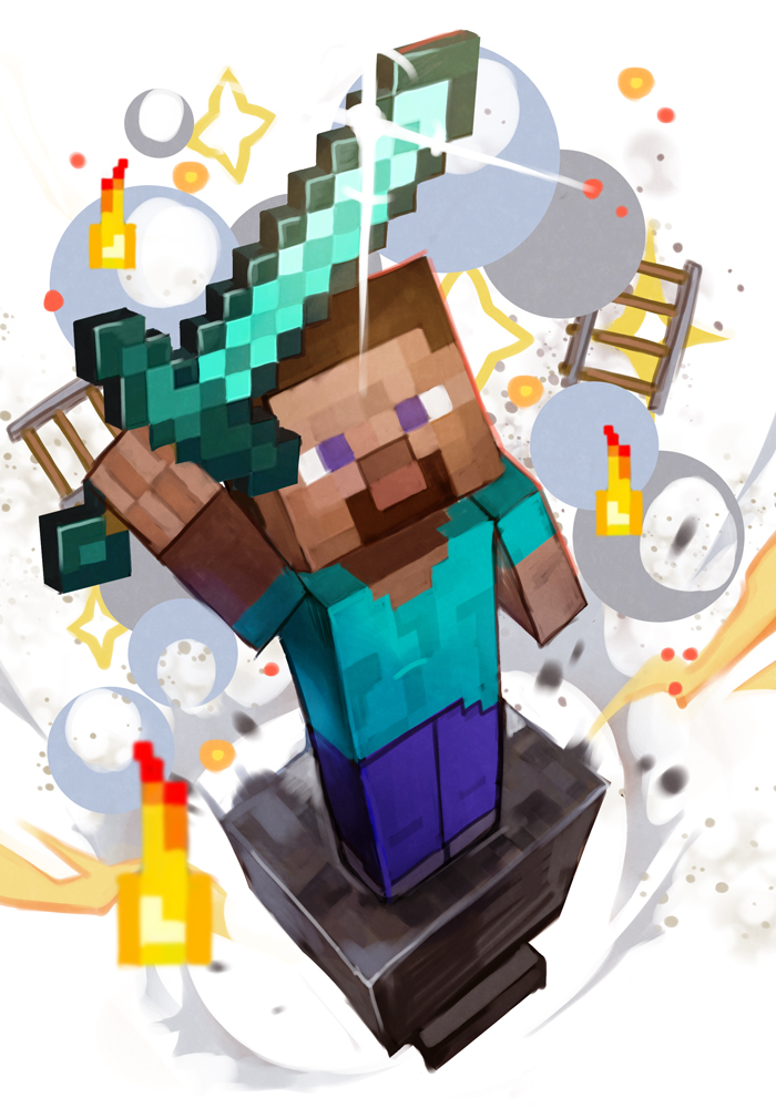 1boy anvil beard blue_eyes brown_hair diamond_sword explosion facial_hair hankuri holding holding_sword holding_weapon looking_at_viewer minecraft minecraft_sword railroad_tracks shiny shirt solo standing_on_object steve_(minecraft) sword t-shirt weapon white_background