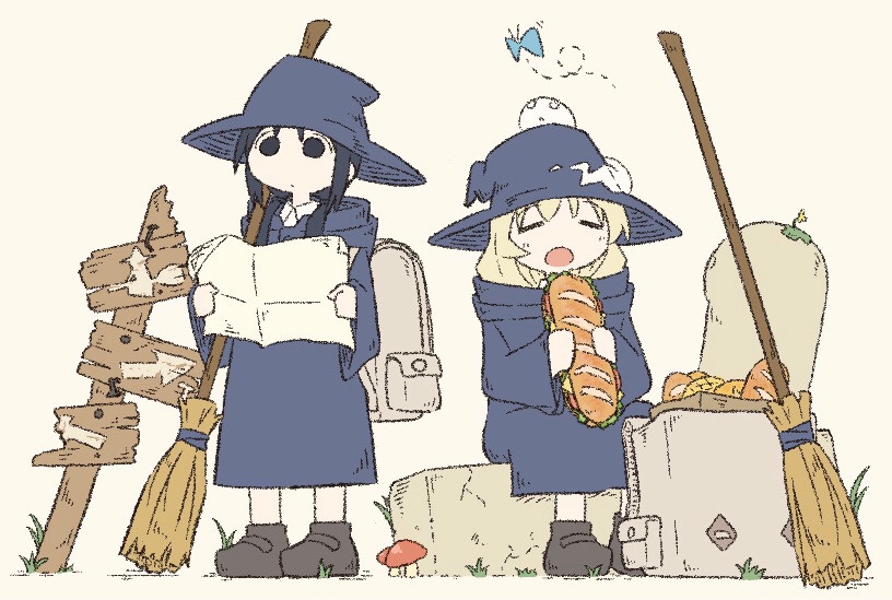 2girls alternate_costume backpack bag black_eyes black_hair blonde_hair broom bug butterfly chito_(shoujo_shuumatsu_ryokou) eating floating food full_body hat levitation long_hair long_sleeves looking_at_map map multiple_girls mushroom nuko_(shoujo_shuumatsu_ryokou) robe sandwich shoes shoujo_shuumatsu_ryokou simple_background sitting tm_(utfp3372) witch witch_hat yuuri_(shoujo_shuumatsu_ryokou)