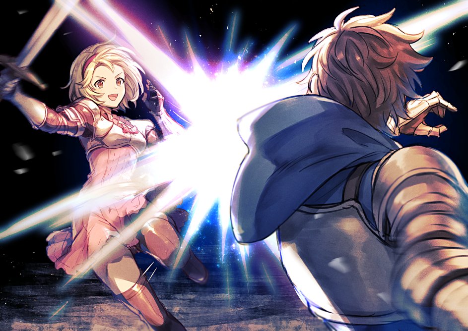 1boy 1girl armor blonde_hair blue_hoodie boots breastplate brown_hair djeeta_(granblue_fantasy) dress duel gauntlets gran_(granblue_fantasy) granblue_fantasy granblue_fantasy_versus hairband holding holding_sword holding_weapon hood hoodie kingyo_114 motion_blur open_mouth orange_eyes pink_dress short_hair shoulder_armor smile sword thigh-highs thigh_boots v-shaped_eyebrows weapon