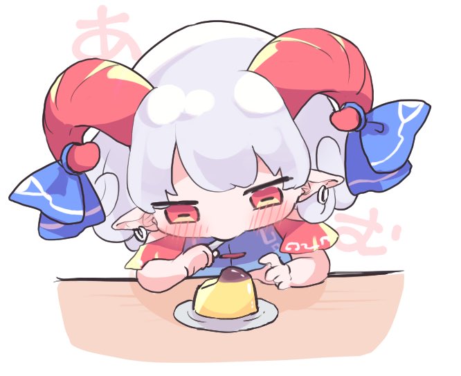 1girl bangs blush bow chibi earrings eating food grey_hair horizontal_pupils horns jewelry long_hair looking_down plate pointy_ears pudding red_eyes rishita simple_background solo table touhou toutetsu_yuuma upper_body white_background white_hair