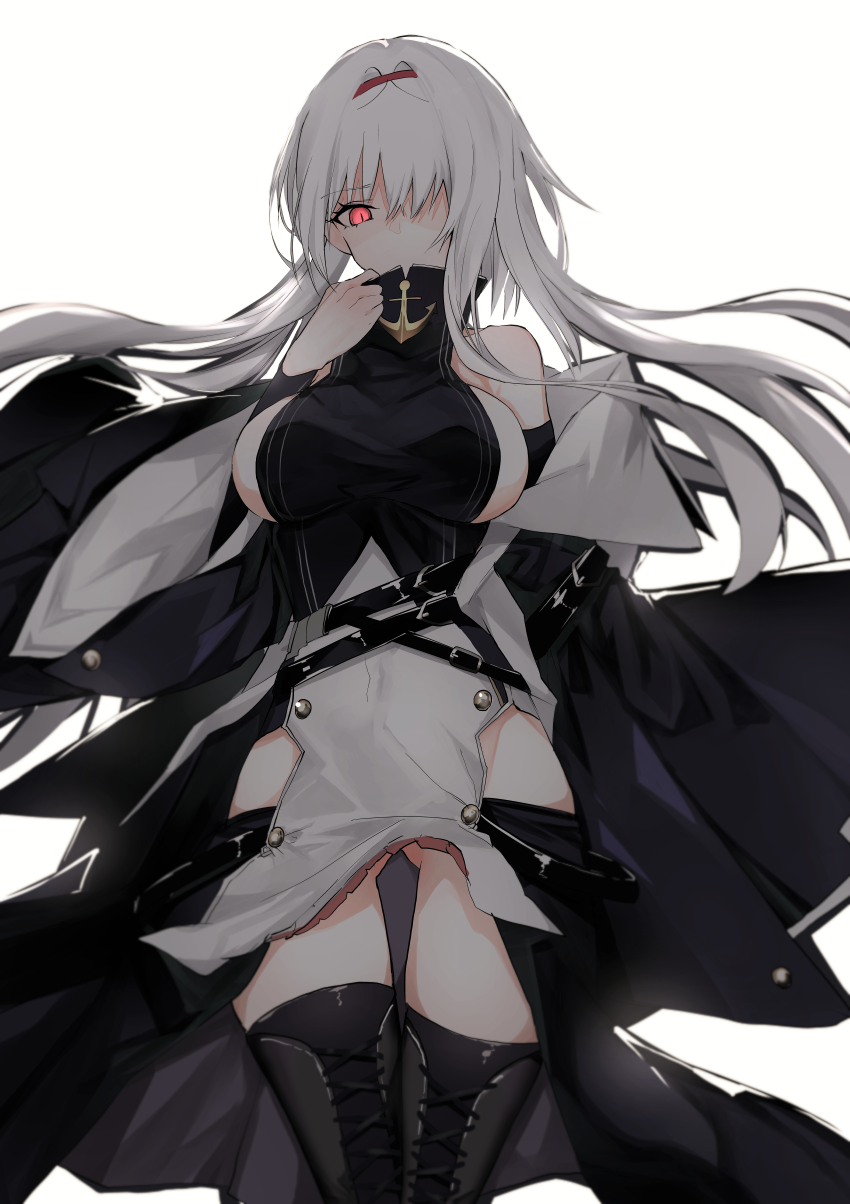 1girl ass_visible_through_thighs azur_lane bad_id bad_twitter_id breasts coat colorado_(azur_lane) covered_mouth hair_over_one_eye hairband highres long_hair narue off_shoulder pale_skin red_eyes sideboob thigh-highs white_hair