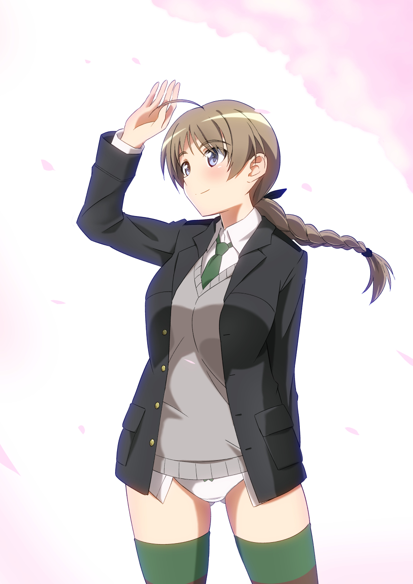 1girl ahoge blonde_hair blue_eyes blush bow braid braided_ponytail breasts cherry_blossoms closed_mouth commentary green_necktie hair_bow highres large_breasts long_hair looking_up lynette_bishop necktie panties ponytail shiny shiny_hair smile solo standing strike_witches striped striped_legwear thigh-highs tricky_46 underwear white_panties world_witches_series