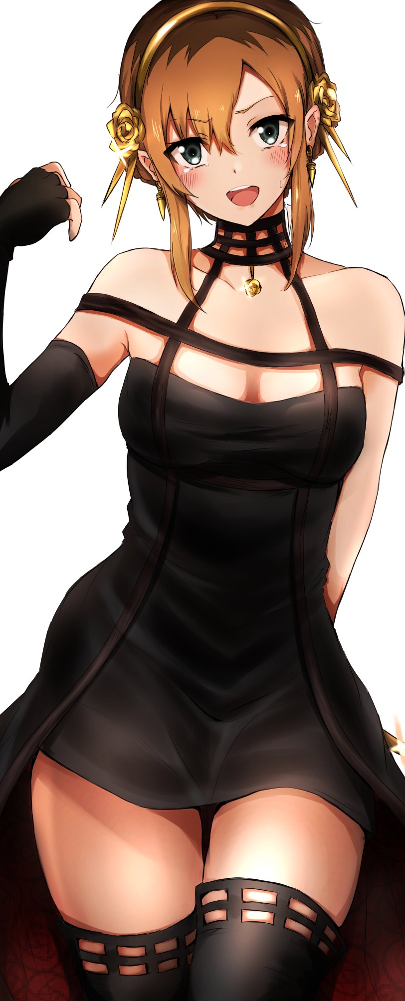 1girl bangs bare_shoulders black_dress black_gloves blush breasts brown_hair collarbone commentary cosplay dot_nose dress earrings elbow_gloves eyebrows_visible_through_hair fingerless_gloves flower glint gloves hair_between_eyes hair_flower hair_ornament hairband hand_up highres jewelry medium_breasts miyamori_aoi open_mouth parted_bangs rose shirobako simple_background sleeveless sleeveless_dress solo spy_x_family tahita1874 teeth thigh-highs thigh_gap thighs upper_teeth white_background yor_briar yor_briar_(cosplay)