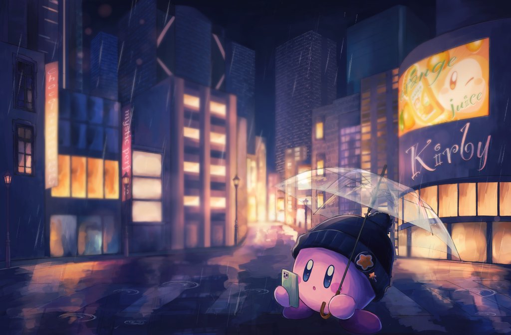 blue_eyes building cellphone character_name commentary_request hat holding holding_phone holding_umbrella kirby kirby_(series) lamppost male_focus night open_mouth orange_juice outdoors phone rain road see-through sidewalk solo street umbrella vul3hl0smteyk1z waddle_dee