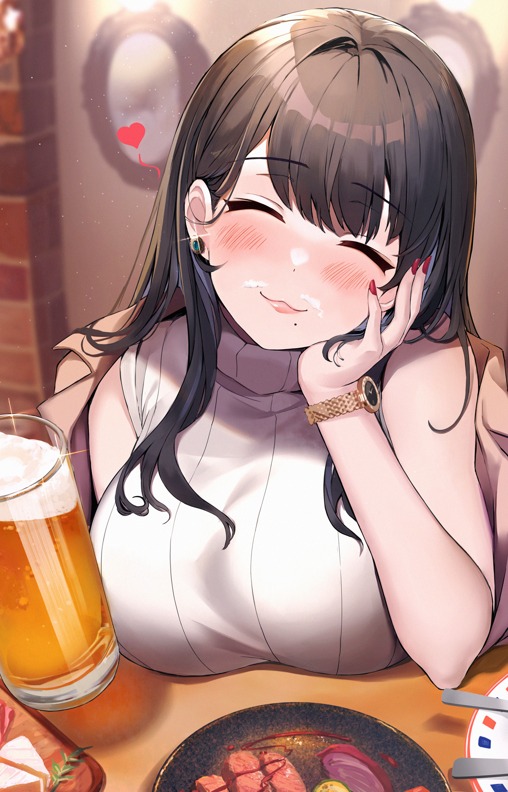1girl alcohol bangs beer black_hair blunt_bangs blush breasts closed_eyes coat cup drinking_glass earrings food hand_on_own_face highres jewelry large_breasts looking_at_viewer mole mole_under_mouth monoto off_shoulder open_clothes open_coat original pink_lips plate red_nails sleeveless sleeveless_turtleneck solo sparkle sweater table turtleneck turtleneck_sweater upper_body watch