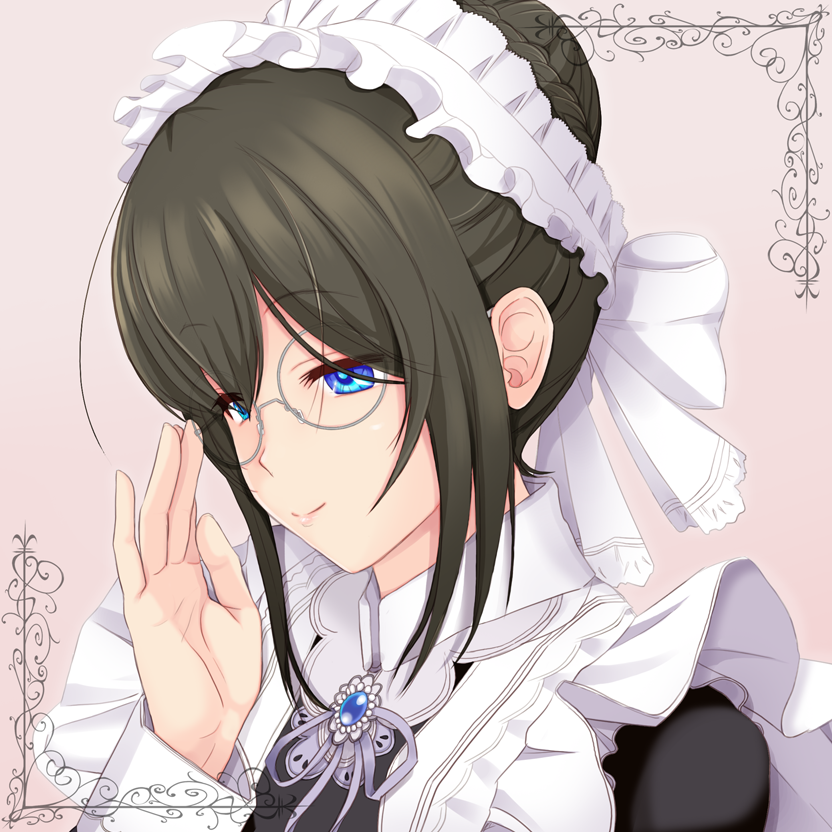 1girl alternate_costume bespectacled black_hair blue_eyes brooch closed_mouth enmaided glasses hair_bun half-closed_eyes hand_up high_collar idolmaster idolmaster_cinderella_girls idolmaster_cinderella_girls_starlight_stage jewelry juliet_sleeves kasumi_seiki long_sleeves looking_afar maid maid_headdress neck_ribbon official_alternate_costume official_alternate_hairstyle pink_background portrait puffy_sleeves purple_ribbon ribbon round_eyewear sagisawa_fumika smile solo