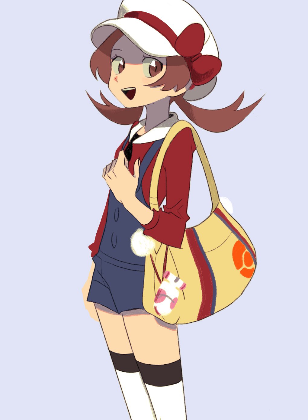 1girl :d blue_overalls bow brown_eyes brown_hair cabbie_hat commentary_request from_side grey_background hand_up hat hat_bow highres ivib korean_commentary long_hair looking_back lyra_(pokemon) open_mouth overalls pokegear pokemon pokemon_(game) pokemon_hgss red_bow red_shirt shirt smile solo teeth thigh-highs twintails upper_teeth white_headwear white_legwear yellow_bag