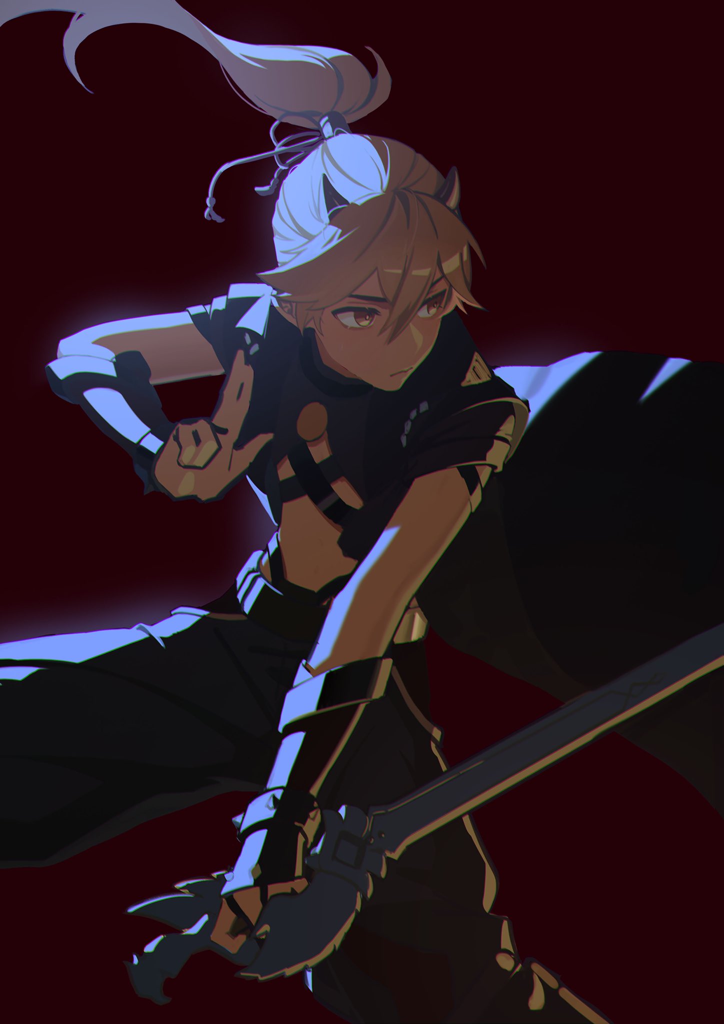 1boy aether_(genshin_impact) arataki_itto arataki_itto_(cosplay) black_gloves blonde_hair bracelet cosplay crop_top demon_horns favonius_sword_(genshin_impact) genshin_impact gloves highres holding holding_sword holding_weapon horns jewelry long_hair male_focus ponytail senkawaakatsuki single_glove spiked_bracelet spikes sword tassel_hair_ornament weapon yellow_eyes