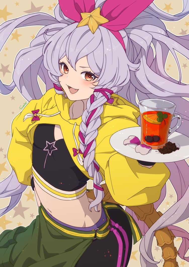 1girl apron artist_name bangs black_pants black_shirt blush bow_hairband braid breasts brown_background cowboy_shot crop_top cup earrings fangs fumita_grbl granblue_fantasy groin hairband hand_on_hip holding holding_plate hood hood_down jewelry lips long_hair long_sleeves looking_at_viewer medusa_(shingeki_no_bahamut) midriff navel open_mouth orange_hair pants plate purple_hair shirt shrug_(clothing) small_breasts smile solo star_(symbol) star_earrings sweatpants tail tea very_long_hair waist_apron