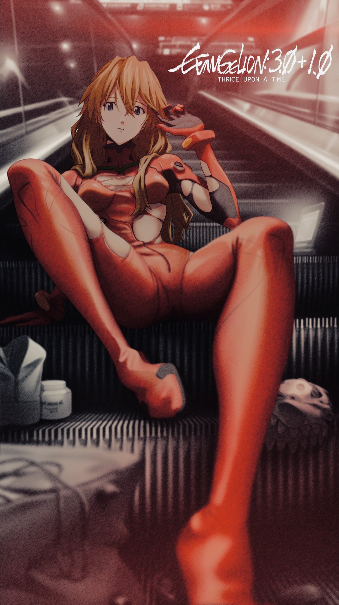 1girl blue_eyes bodysuit breasts escalator evangelion:_3.0+1.0_thrice_upon_a_time highres long_hair looking_at_viewer lying manaka_(mnk0212) medium_breasts neon_genesis_evangelion on_back orange_hair plugsuit rebuild_of_evangelion red_bodysuit sitting sitting_on_stairs souryuu_asuka_langley spread_legs stairs torn_clothes