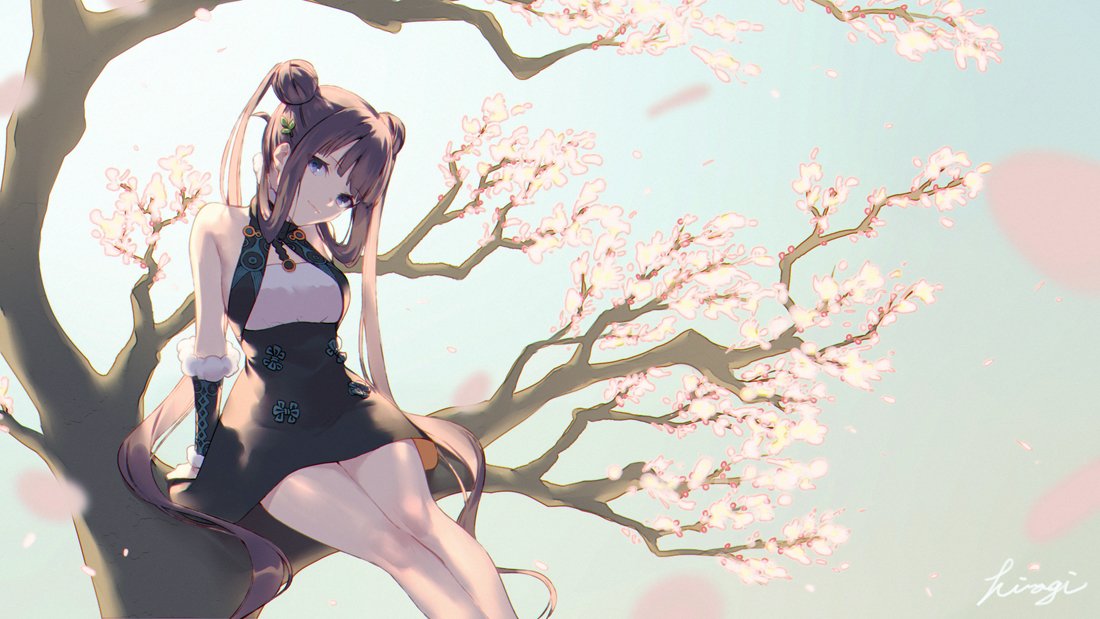 1girl bangs bare_shoulders black_dress blue_eyes blush breasts detached_sleeves double_bun dress fate/grand_order fate_(series) hair_ornament kibou large_breasts leaf_hair_ornament long_hair looking_at_viewer purple_hair sidelocks sitting smile solo thighs tree twintails very_long_hair yang_guifei_(fate)