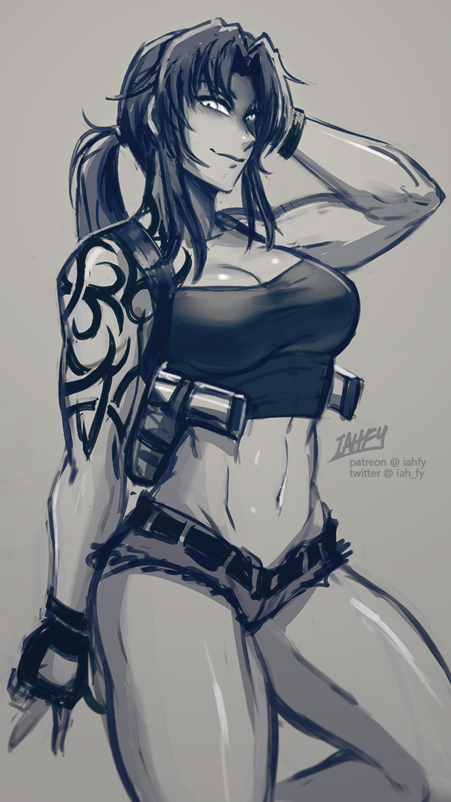 1girl arm_tattoo artist_name black_lagoon breasts commentary cowboy_shot denim denim_shorts english_commentary fingerless_gloves gloves grey_background highres holster iahfy looking_at_viewer midriff navel patreon_username ponytail revy_(black_lagoon) short_shorts shorts shoulder_tattoo simple_background sketch solo tattoo twitter_username watermark