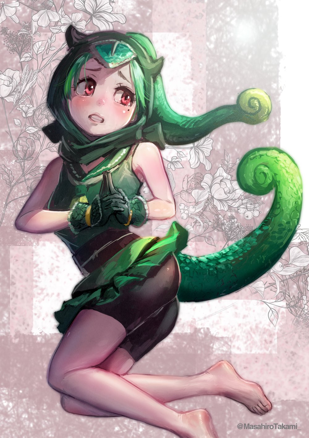 1girl ass bare_arms bare_legs bare_shoulders barefoot bike_shorts bike_shorts_under_skirt chameleon_tail clenched_teeth curly_hair detached_hood floral_background flower forehead_protector furrowed_brow gloves green_hair hair_through_headwear high_ponytail highres hood hood_up kemono_friends lips long_hair looking_to_the_side microskirt mole mole_under_eye nervous own_hands_together panther_chameleon_(kemono_friends) red_eyes shirt skirt sleeveless sleeveless_shirt solo tail takami_masahiro teeth toes twisted_torso twitter_username