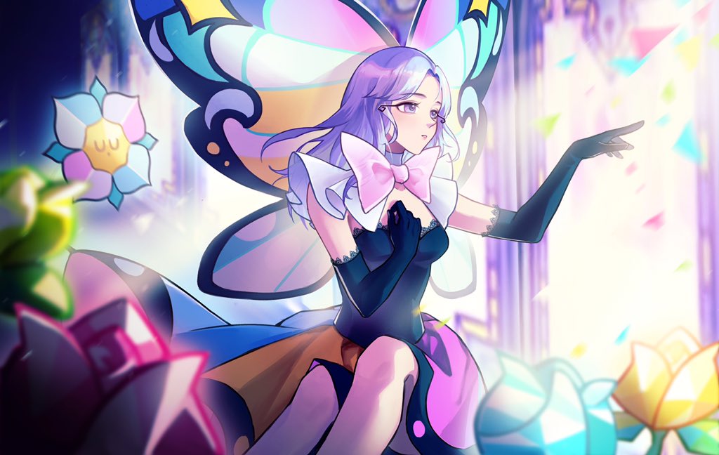 1girl bangs bare_legs bare_shoulders butterfly_wings cookie_run dress elbow_gloves eyelashes flower frills gloves glowing hand_on_own_chest high_collar kano_sakiko knees_up lace-trimmed_gloves lace_trim light_rays long_dress long_hair looking_to_the_side multicolored_clothes multicolored_dress open_mouth parted_bangs pointing purple_hair sitting solo stained_glass strapless strapless_dress sugar_glass_cookie violet_eyes window wings