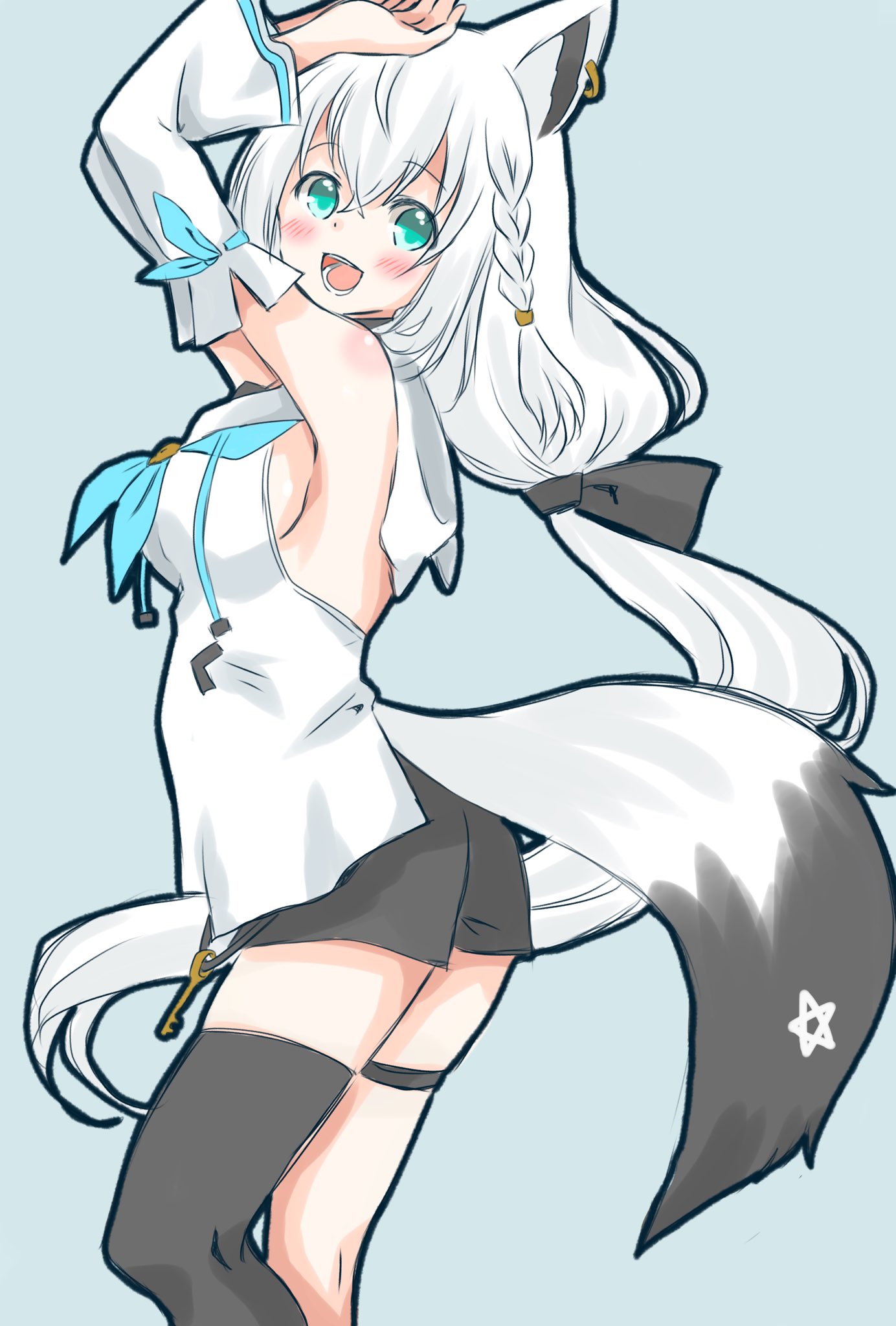 1girl animal_ears arms_up bangs black_bow black_shorts blue_background blue_neckerchief blush bow braid breasts commentary_request detached_sleeves earrings eyebrows_visible_through_hair fox_ears fox_girl fox_tail green_eyes hair_between_eyes hair_bow highres hololive hood hoodie jewelry key long_hair looking_at_viewer looking_to_the_side mayoineko neckerchief open_mouth pentagram shirakami_fubuki short_shorts shorts sidelocks simple_background single_braid single_thighhigh small_breasts solo tail thigh-highs thigh_strap virtual_youtuber white_hair white_hoodie