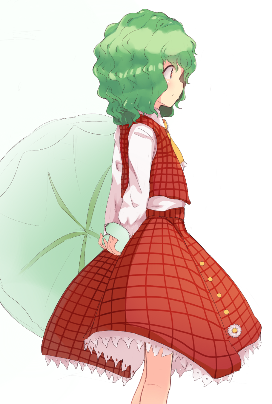 1girl arms_behind_back child cowboy_shot flat_chest green_hair green_umbrella highres holding holding_umbrella kazami_yuuka long_sleeves medium_hair plaid plaid_skirt plaid_vest profile red_eyes red_skirt red_vest ripu_(lipi) skirt solo touhou umbrella vest wavy_hair younger