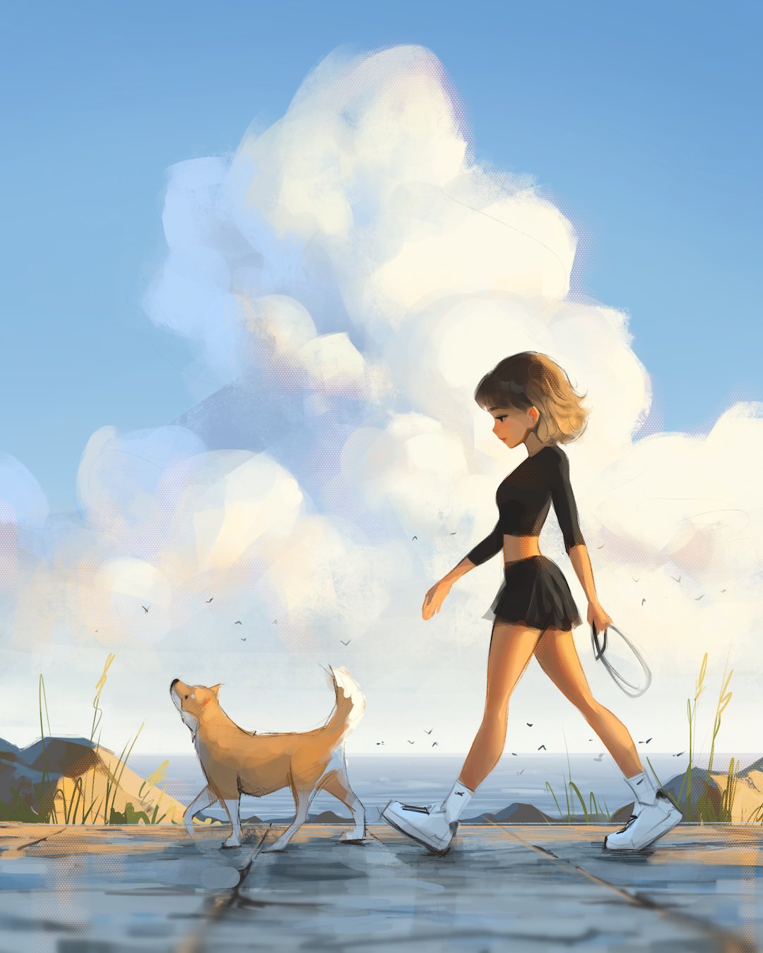 1girl black_shirt blue_sky brown_shirt clouds day dog grass highres leash lips miniskirt original outdoors rock sam_yang shirt shoes skirt sky sneakers socks tan walking white_legwear