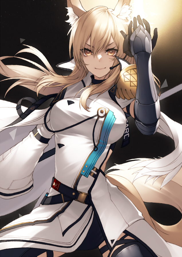 1girl animal_ear_fluff arknights arm_up bangs banned_artist belt bishounen blonde_hair breasts closed_mouth coat eyebrows_visible_through_hair feet_out_of_frame gauntlets headset kyoeiki large_breasts long_hair looking_at_viewer nearl_(arknights) nearl_the_radiant_knight_(arknights) smile solo standing white_coat yellow_eyes