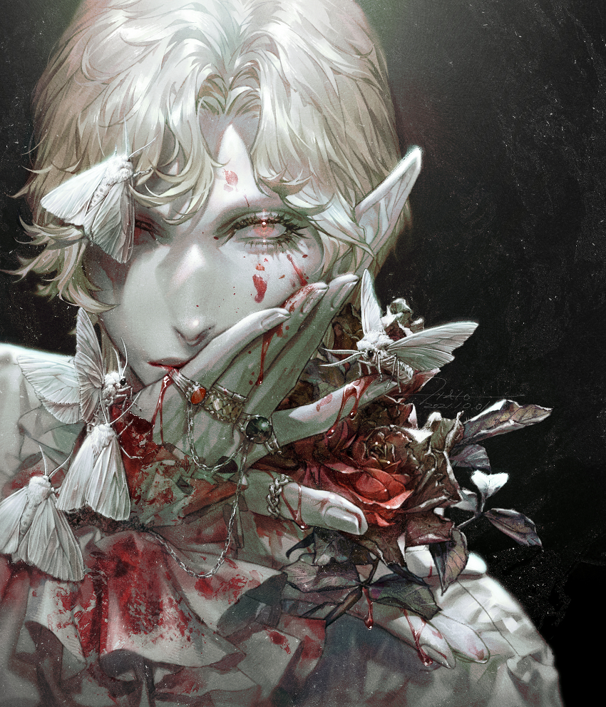 1boy black_background blonde_hair blood blood_on_clothes blood_on_face bug chain dated eyelashes film_grain fingernails flower hand_on_own_face hato_(dovecot) jewelry looking_at_viewer moth multiple_rings original pale_skin pointy_ears portrait red_eyes ring rose shirt short_hair solo